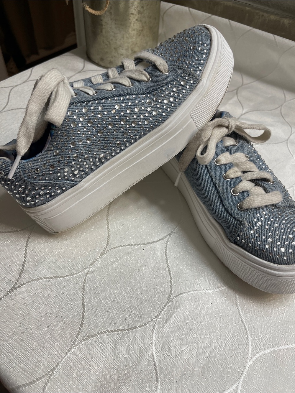 Madden NYC Denim Crystal Lace-Up Platform Sneakers - Blue Size 3